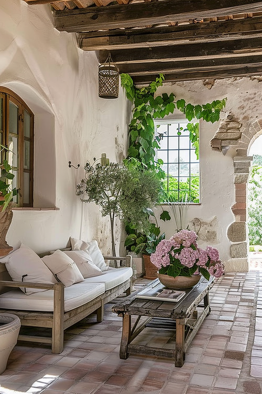 Rustic Mediterranean patio with a white couch, terracotta tiles, green plants, and a hanging lantern.