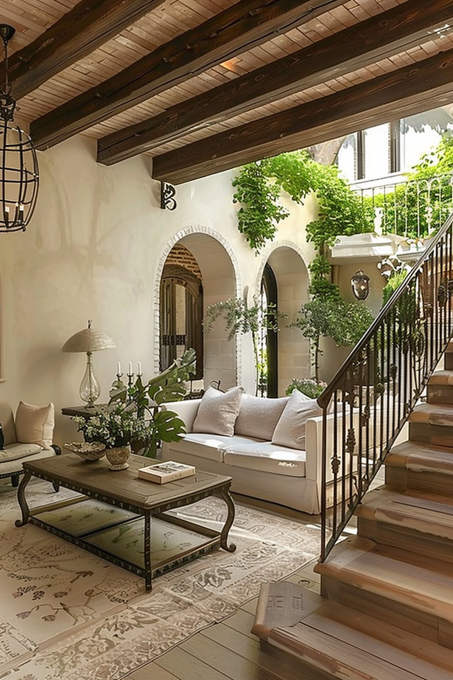 Elegant interior with wooden beams, a winding staircase, arched doorways, a cozy sitting nook with white cushions, and lush greenery.
