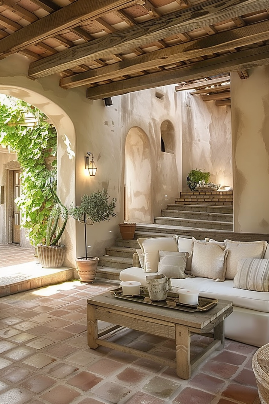 A cozy Mediterranean-style patio with terracotta tiles, a white cushioned sofa, wooden table, potted plants, and a staircase in the background.