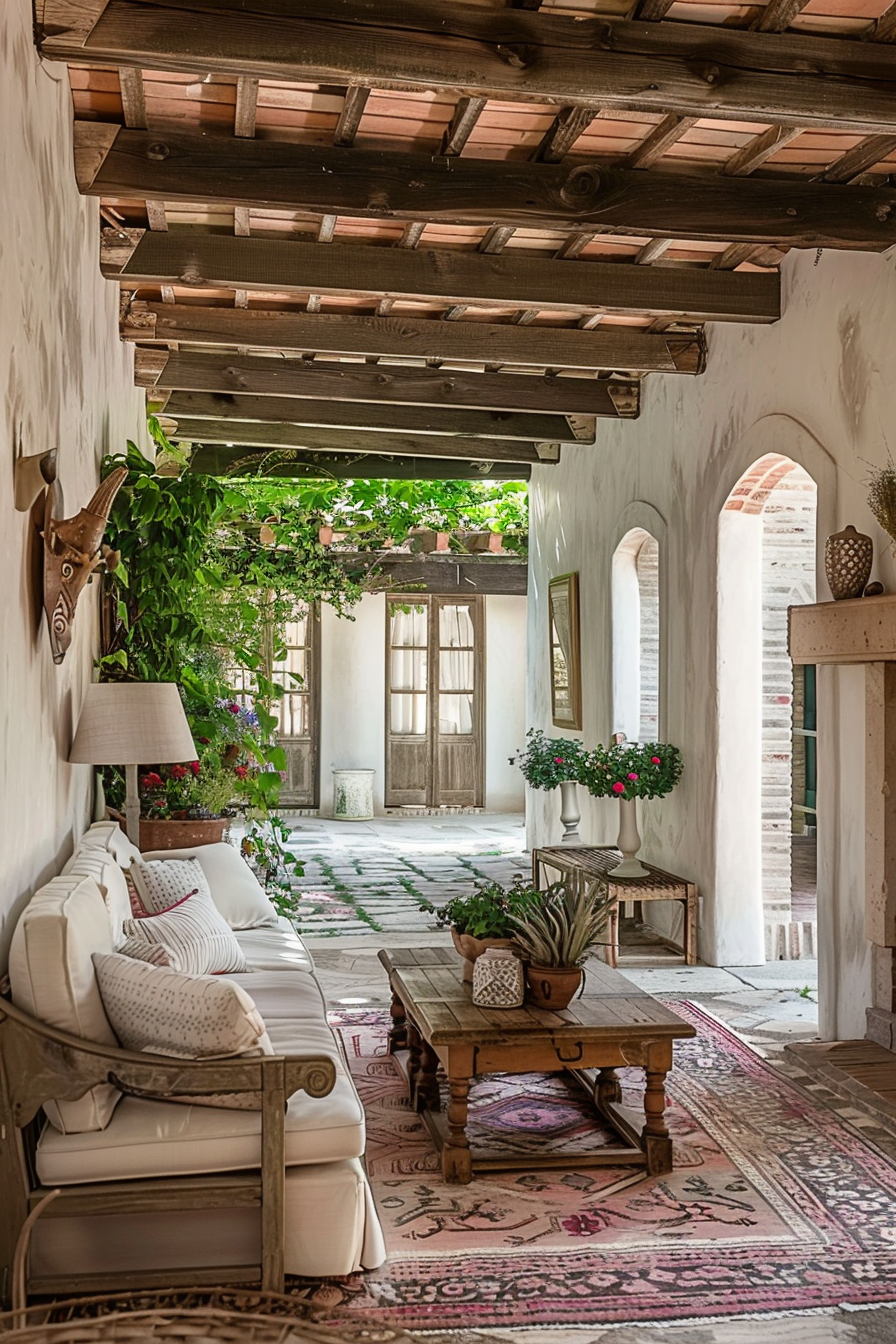 A cozy rustic patio with a wooden ceiling, a vine-covered pergola, plush seating, a wooden coffee table, and decorative plants.
