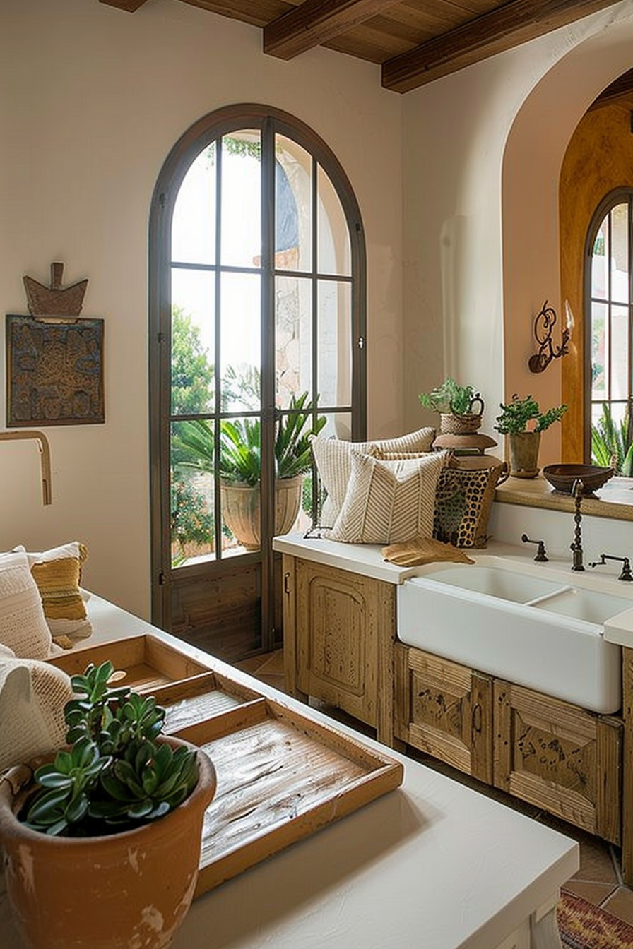 Rustic kitchen interior with wooden cabinets, farmhouse sink, terracotta pots with plants, and arched windows letting in natural light.