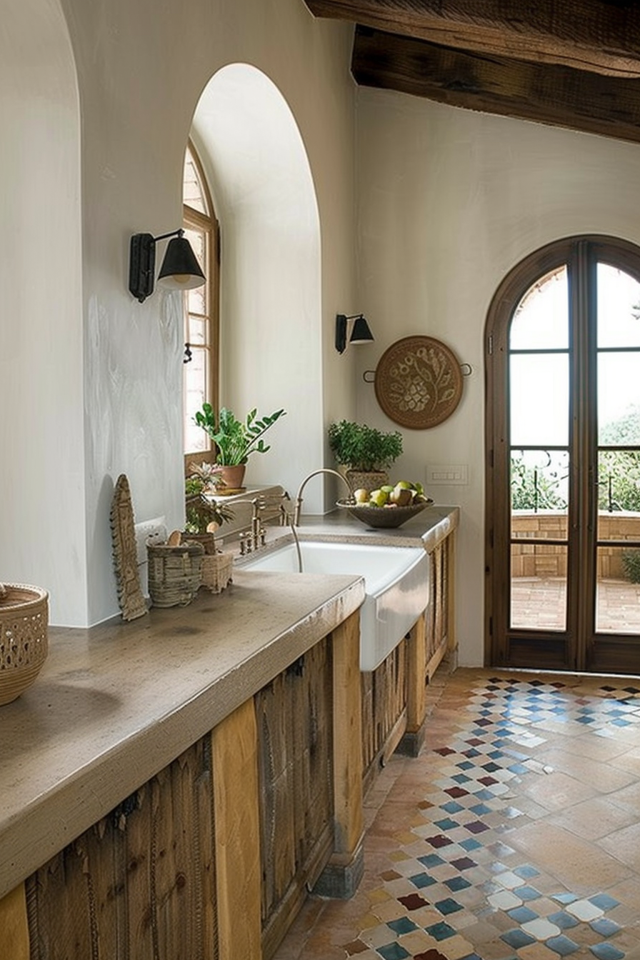 A rustic kitchen with wooden cabinets, farmhouse sink, patterned tile floor, arched window, and wall-mounted lighting.