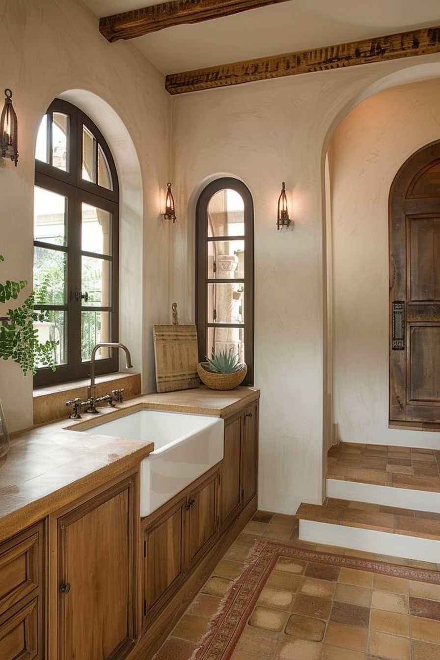 Rustic-style bathroom with arched windows, wood cabinets, farmhouse sink, terracotta floor tiles, and hanging wall sconces.