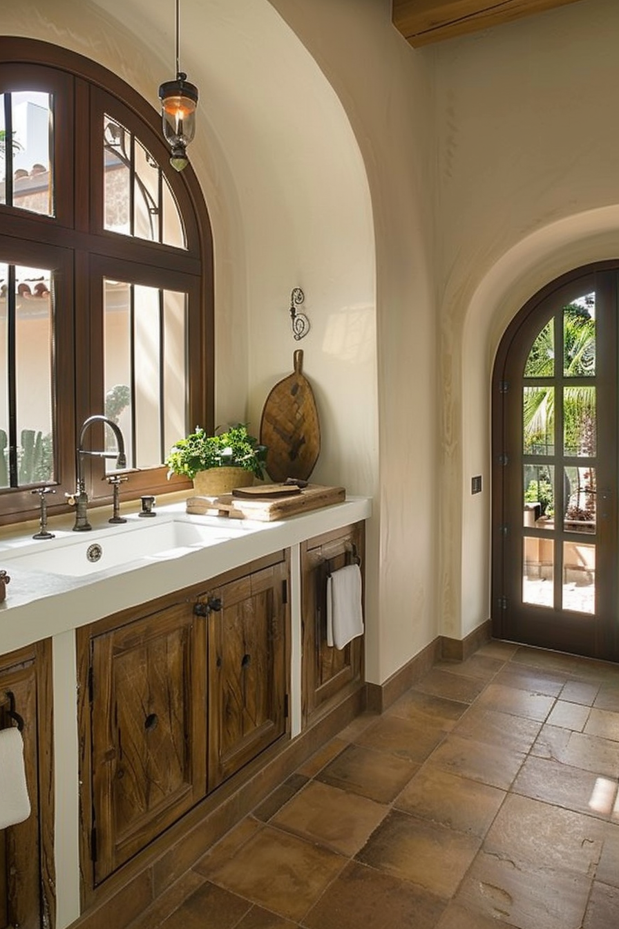 Kitchen corner with a rustic wood cabinet, farmhouse sink, two arched windows, and a hanging pendant light.