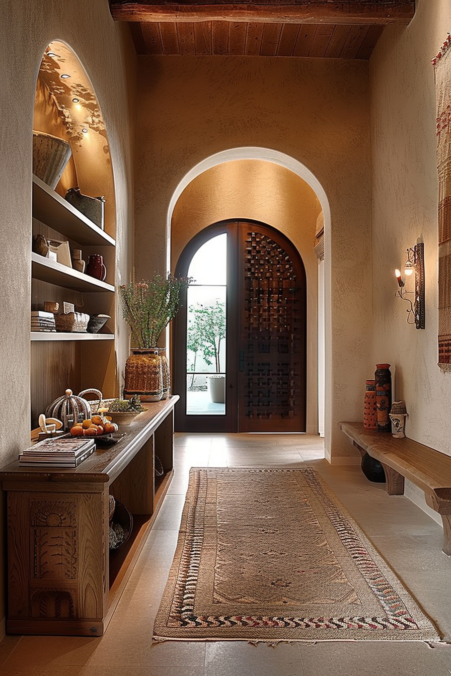 Warm-toned hallway with arched doorway, decorative wooden bench, shelves with pottery, and a woven rug leading to an open door.