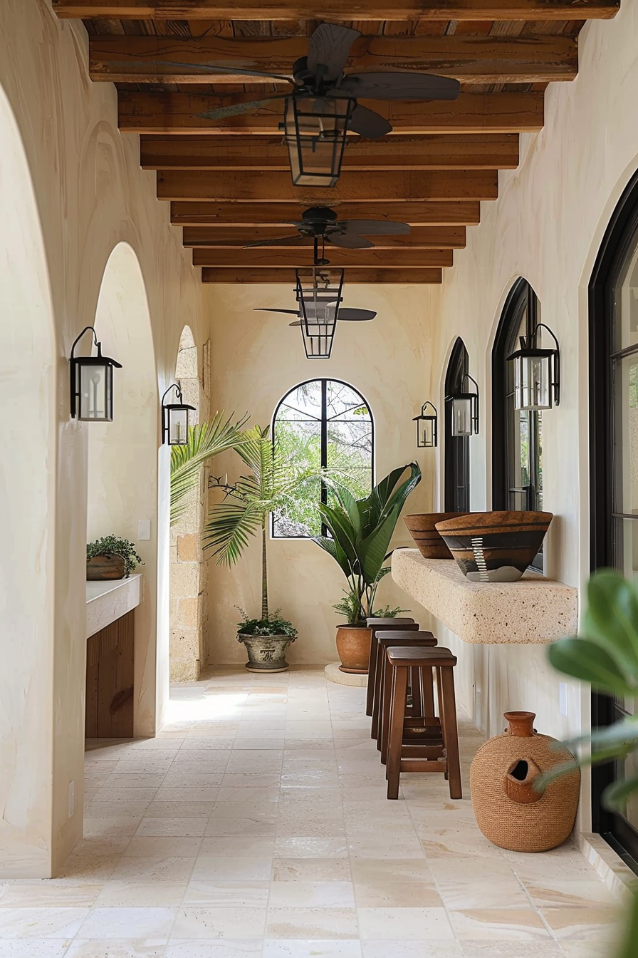Elegant covered hallway with archways, exposed wood beams, hanging lanterns, and potted plants, showing Mediterranean-inspired architecture.