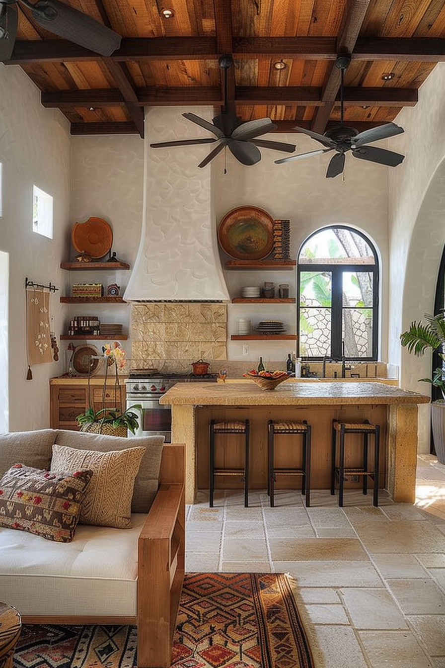 Rustic-style kitchen with a stone island, wooden beams, ceiling fans, and a cozy sitting area with patterned rugs and pillows.