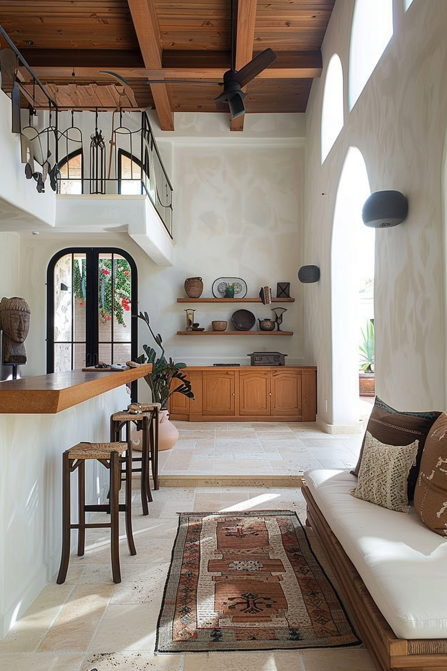 A bright, airy room with high ceilings, exposed wooden beams, terracotta tiles, and a mix of rustic and modern decor.
