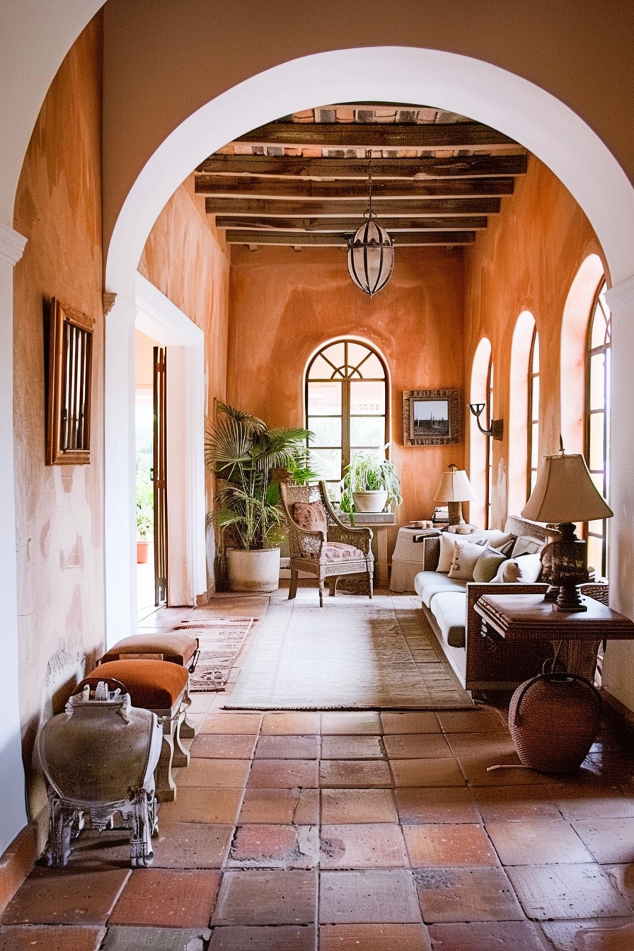 Arched hallway with terracotta floors leading to cozy living room area with plants and elegant furnishings.