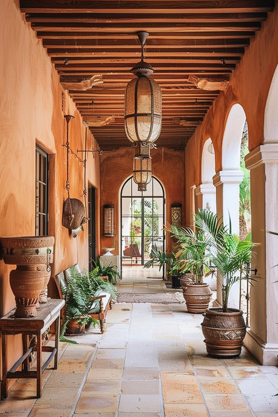 Elegant covered walkway with arches, hanging lanterns, and potted plants, exuding Mediterranean vibes.