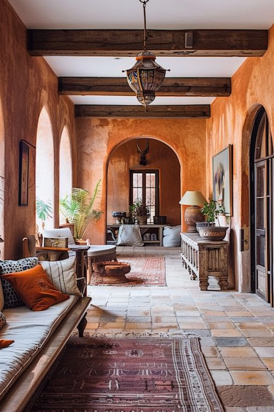 A cozy, warmly-lit hallway with terracotta walls, exposed wooden beams, traditional lantern, and eclectic furnishings including patterned rugs.