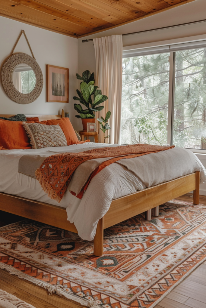 Cozy bedroom with a wooden bed, orange bedding, patterned rug, green potted plant, and window with forest view.