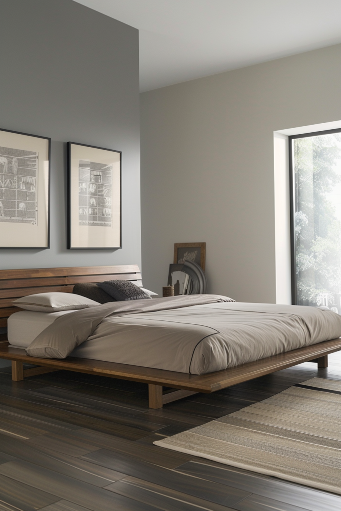 Modern bedroom with a wooden bed frame, neutral bedding, framed artwork on the wall, and a view of greenery through the window.