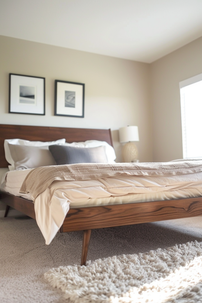 Cozy bedroom with a neatly made bed, framed artwork above, side table with lamp, and shaggy rug on the floor.