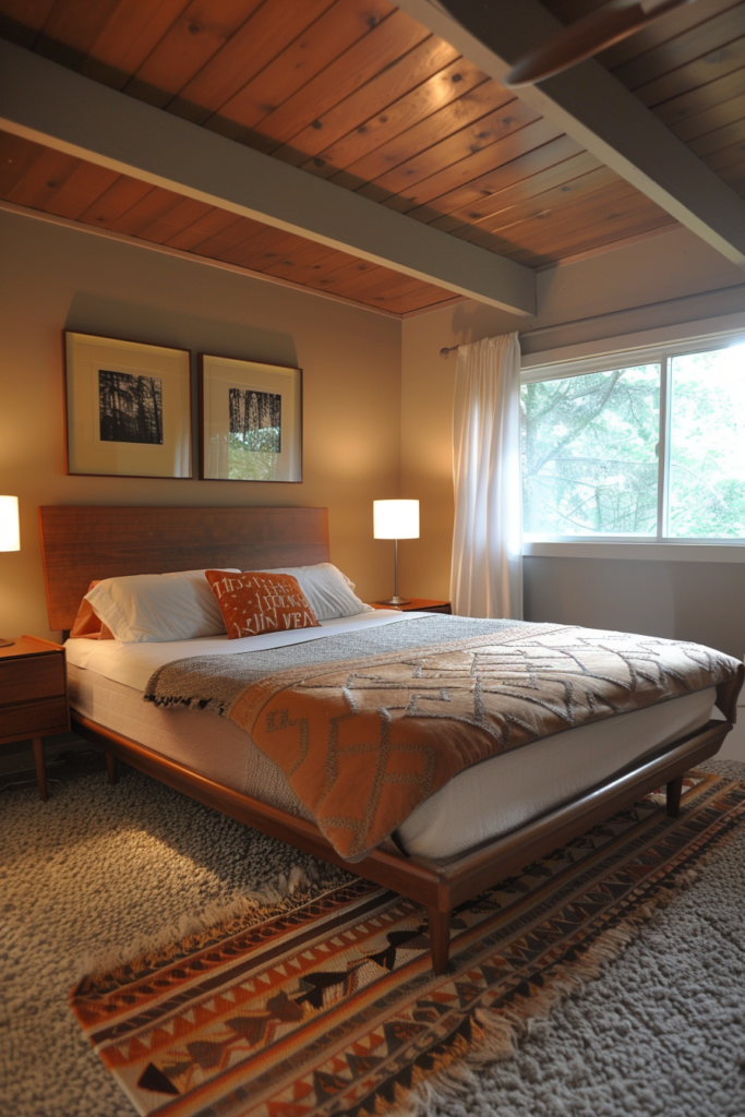 A modern bedroom with a wooden bed frame, cozy bedding, two framed pictures above the bed, and a large window with a view of trees.