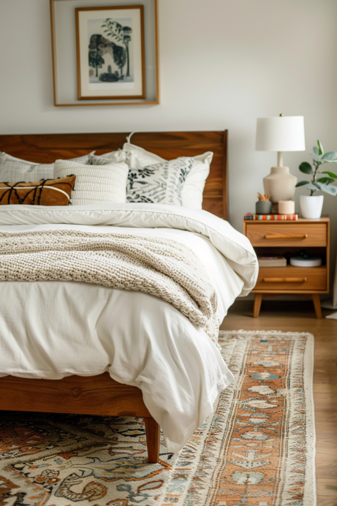 ALT: Cozy bedroom with a neatly made bed, patterned throw pillows, knit blanket, wooden nightstand, lamp, framed artwork, and a patterned rug.