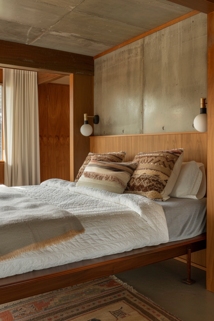 Cozy bedroom corner with a wooden bed, white bedding, patterned pillows, concrete wall, wooden paneling, and a bedside lamp.