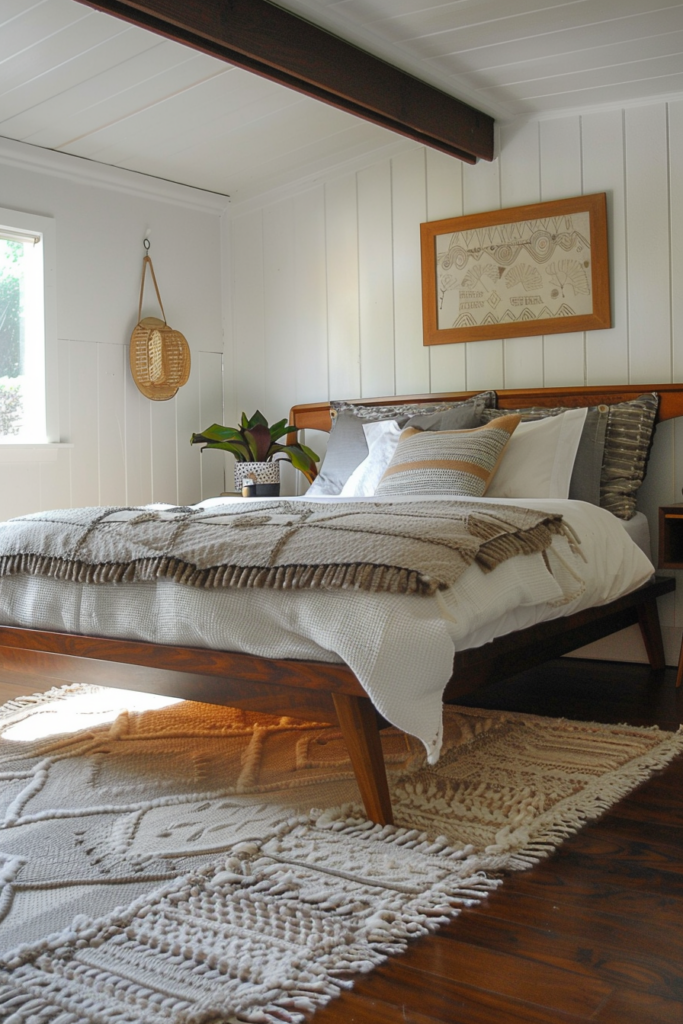 Cozy bedroom with a wooden bed, white and patterned bedding, textured rugs, and a wall hanging.