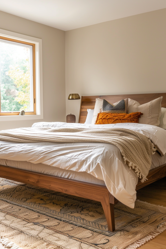 A cozy bedroom with a neatly made bed, white and patterned pillows, a knitted throw, and a view of trees through the window.