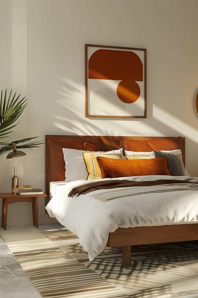 Sunlit modern bedroom with a wooden bed, white bedding, colorful pillows, abstract wall art, and a bedside lamp.