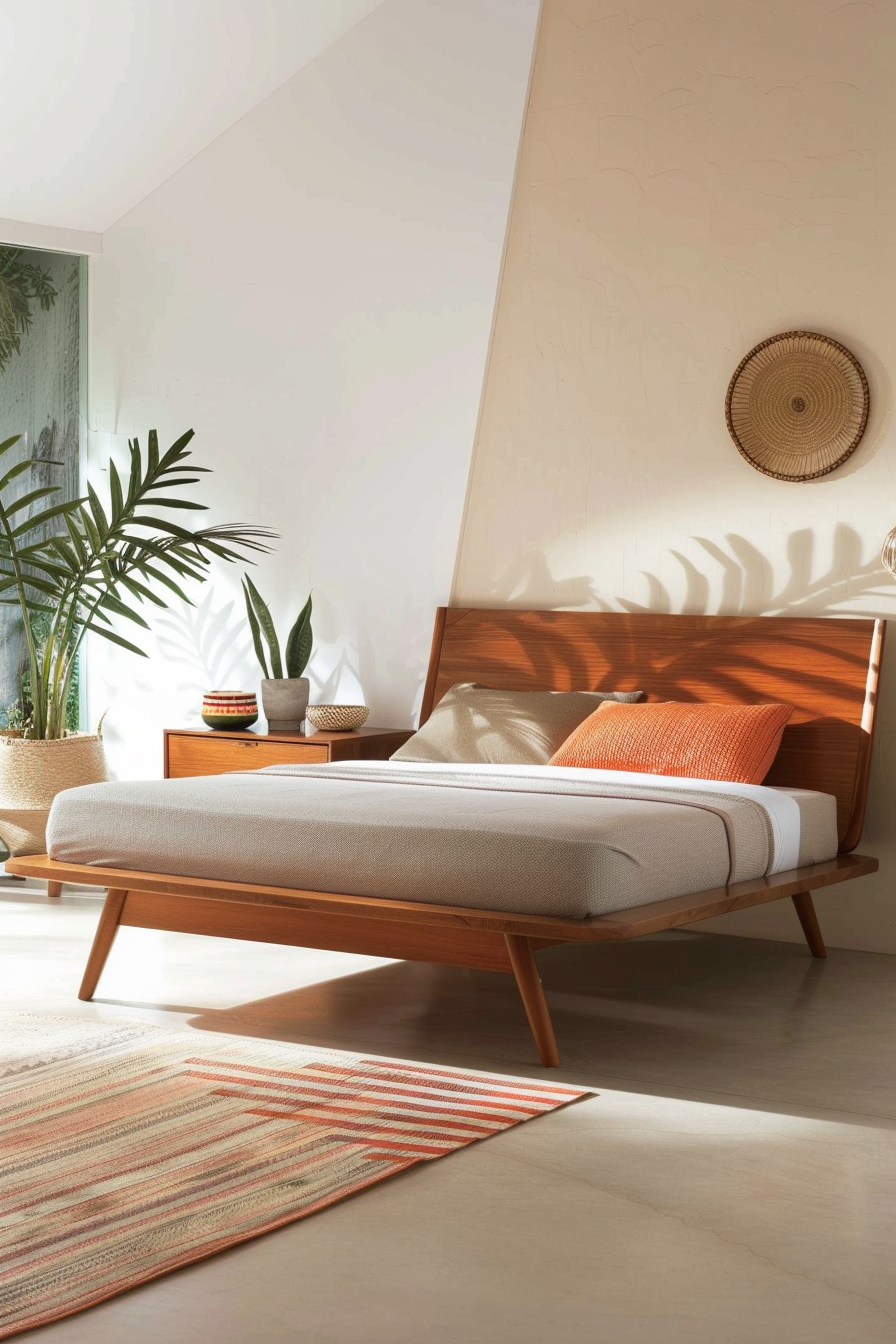 Bright, minimalist bedroom with a wooden mid-century bed, white bedding, orange accents, plants, and a woven wall decor.