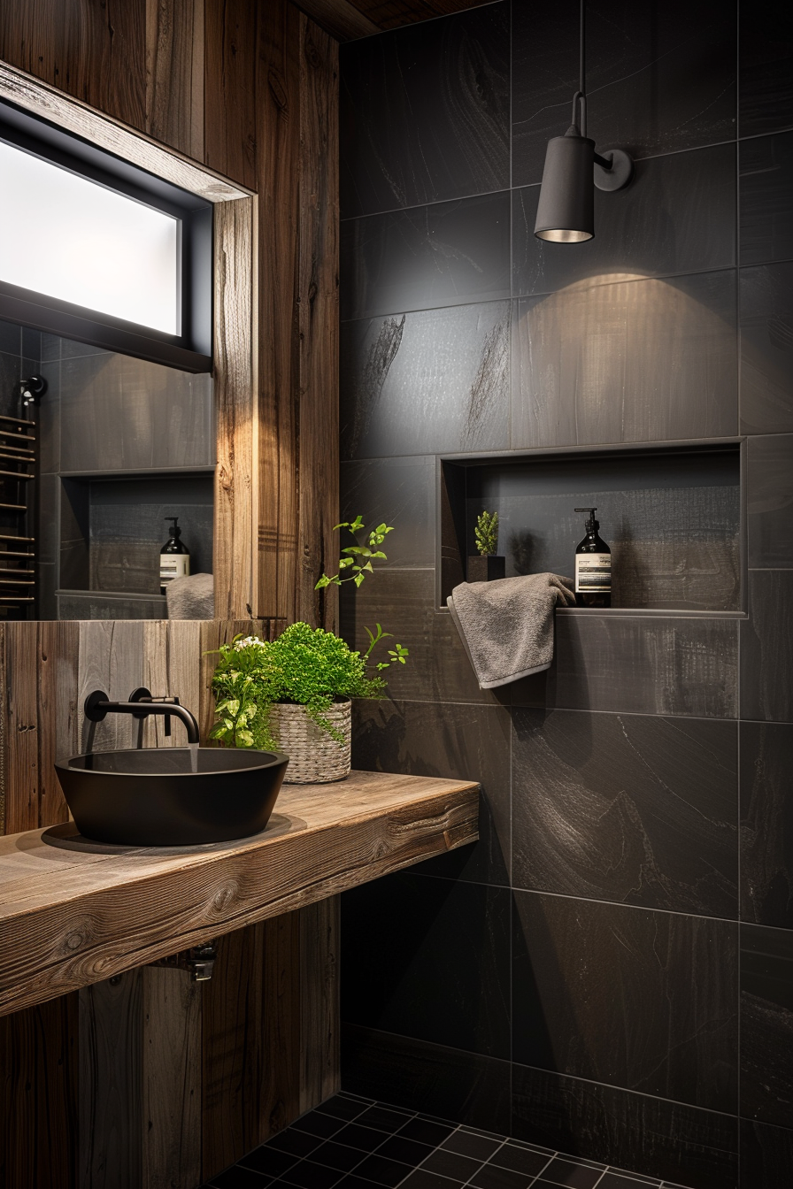 Modern bathroom with a black basin on a wooden countertop, dark tiles, a mirror, and green plants for decor.