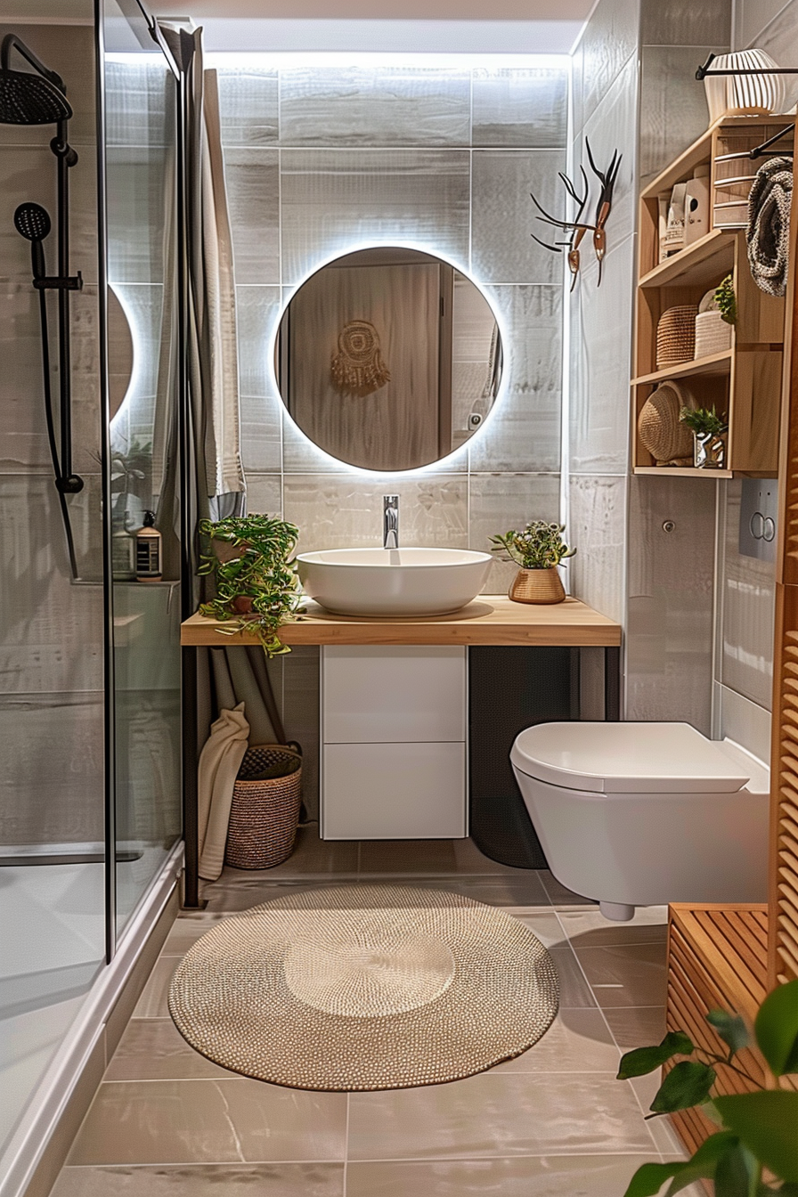 A modern bathroom with a glass shower, white basin on a wooden countertop, circular mirror, and decorative shelving with plants.
