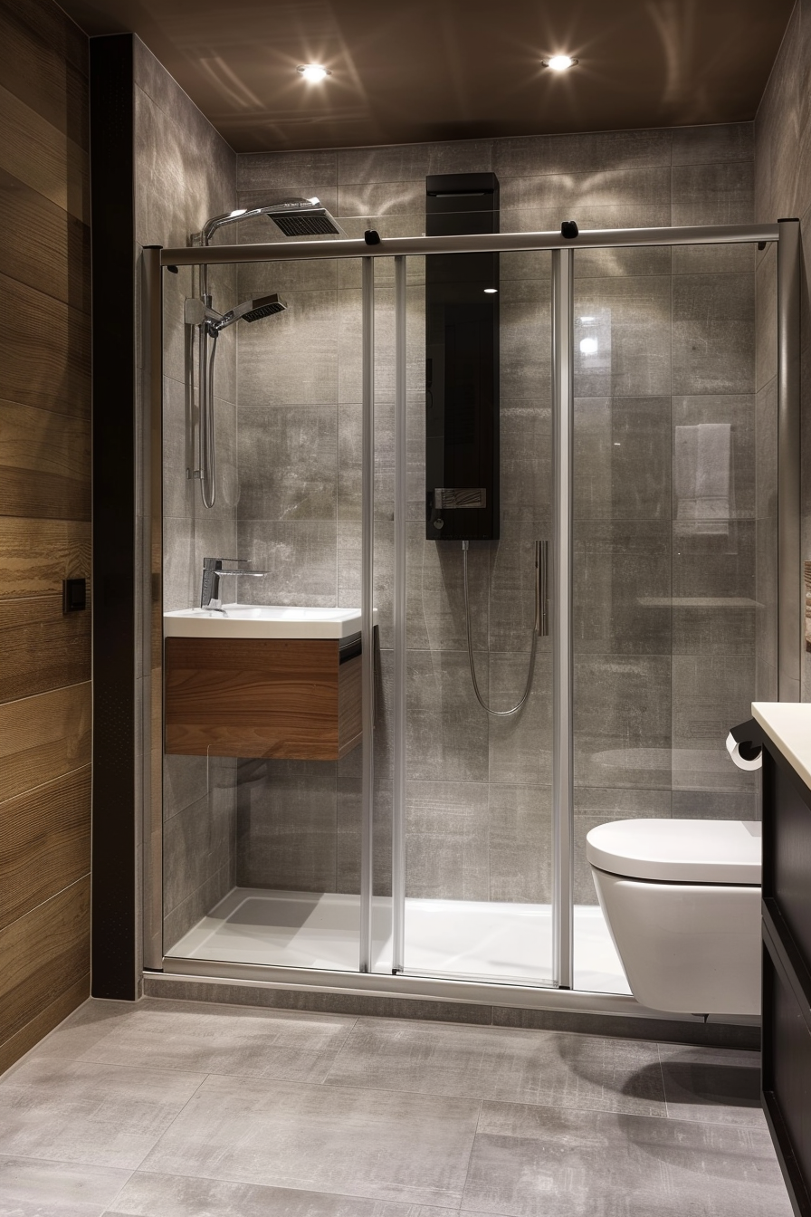 Modern bathroom interior with a glass shower enclosure, wall-mounted sink and toilet, and gray tiles.