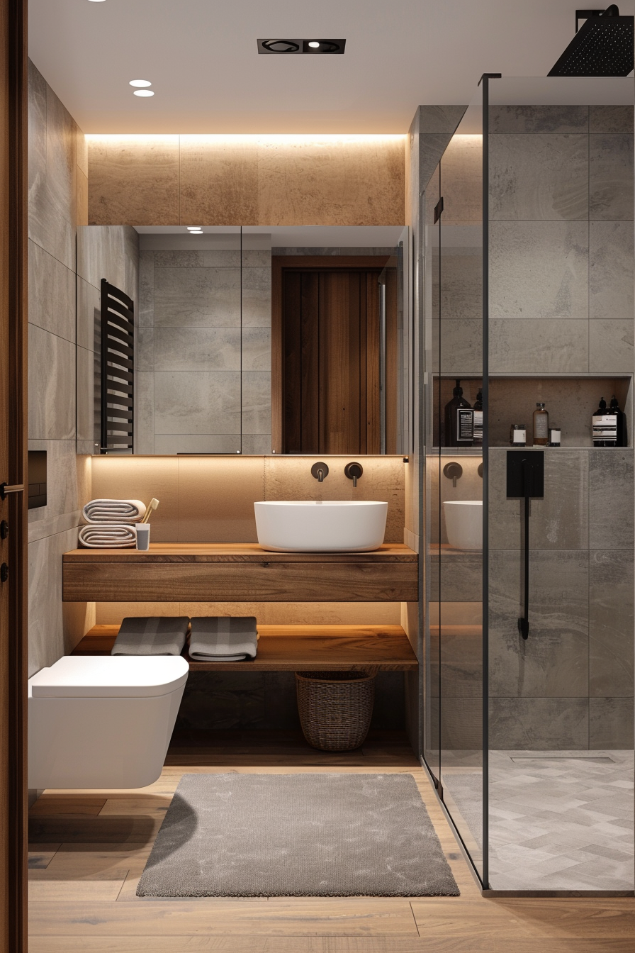 Modern bathroom interior with a wooden vanity, vessel sink, walk-in shower, and gray tiles. Warm lighting adds a cozy ambiance.