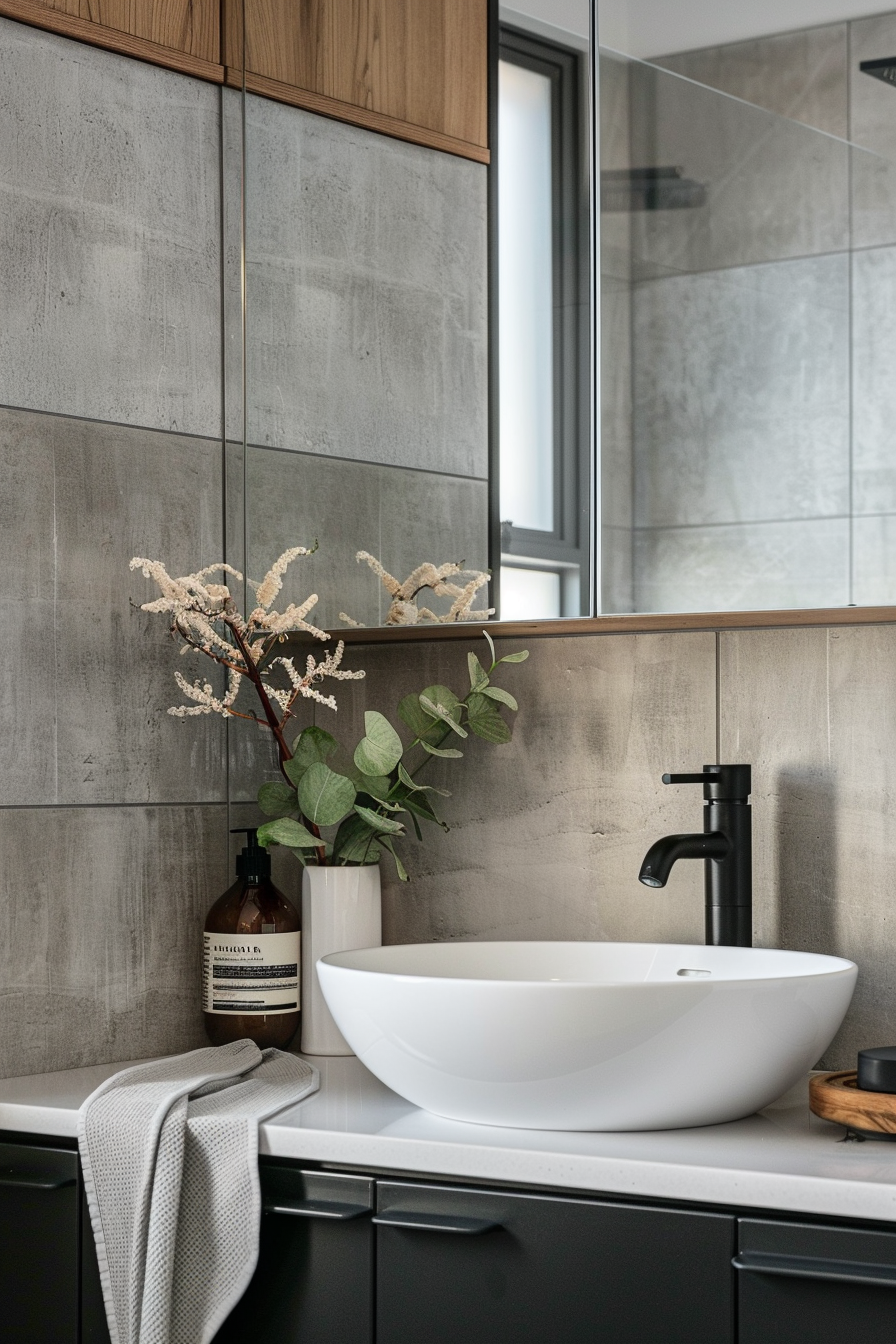 Modern bathroom interior showcasing a white vessel sink with black faucet, grey tiled walls, wooden cabinets, and decorative plants.
