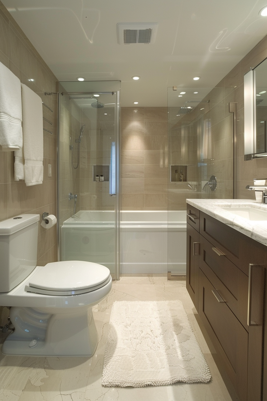 Modern bathroom interior with a glass shower, toilet, and wooden vanity with a large mirror and white towels.
