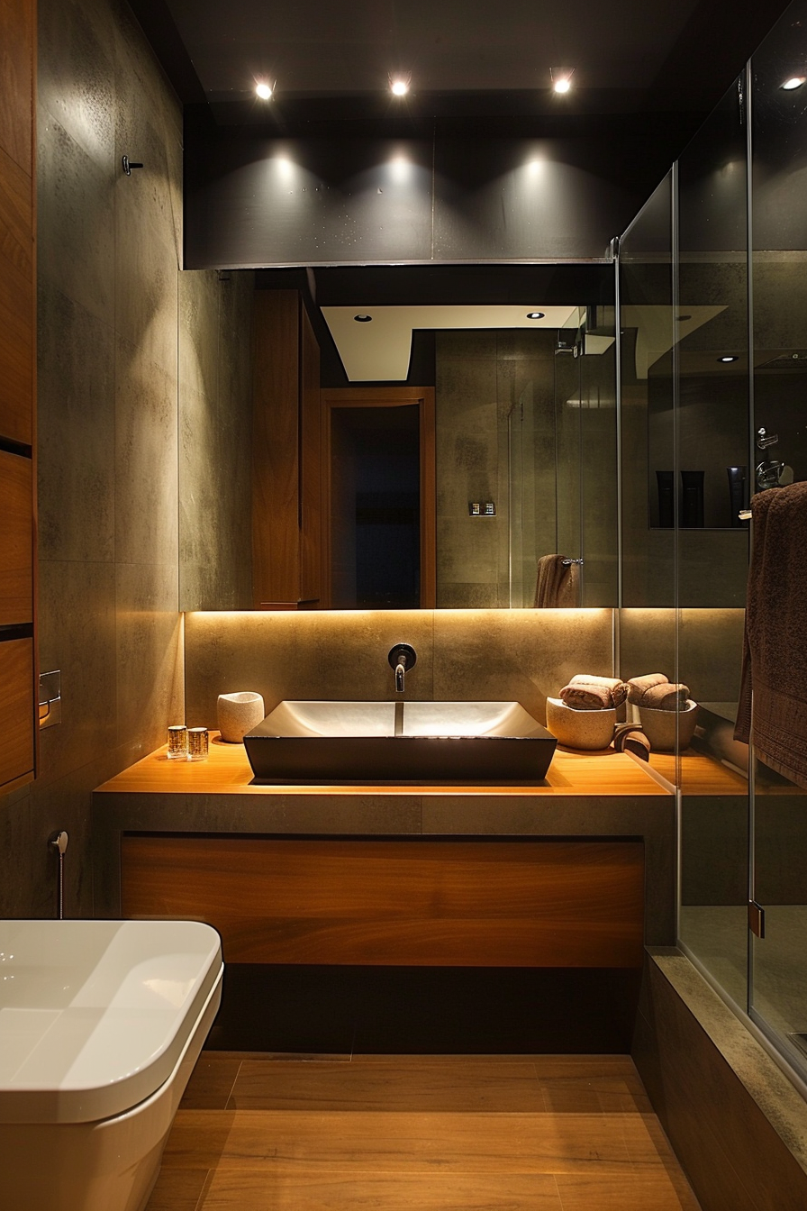 Modern bathroom interior with wood accents, vessel sink, lit mirror, and glass shower enclosure.