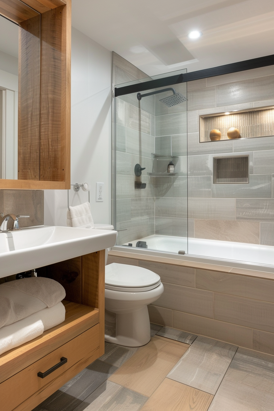 Modern bathroom with a glass-door shower, bathtub, toilet, and wooden vanity with white sink and towels.