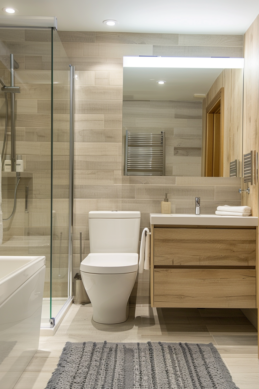 Modern bathroom interior with a glass shower cubicle, wooden cabinets, a toilet, and tiled walls, illuminated by ceiling lights.