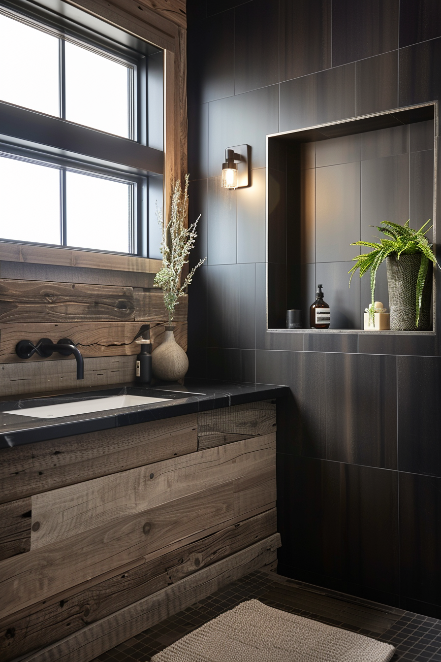 Modern bathroom with black tiles, wooden vanity, square sink, wall-mounted faucet, and decorative plants.