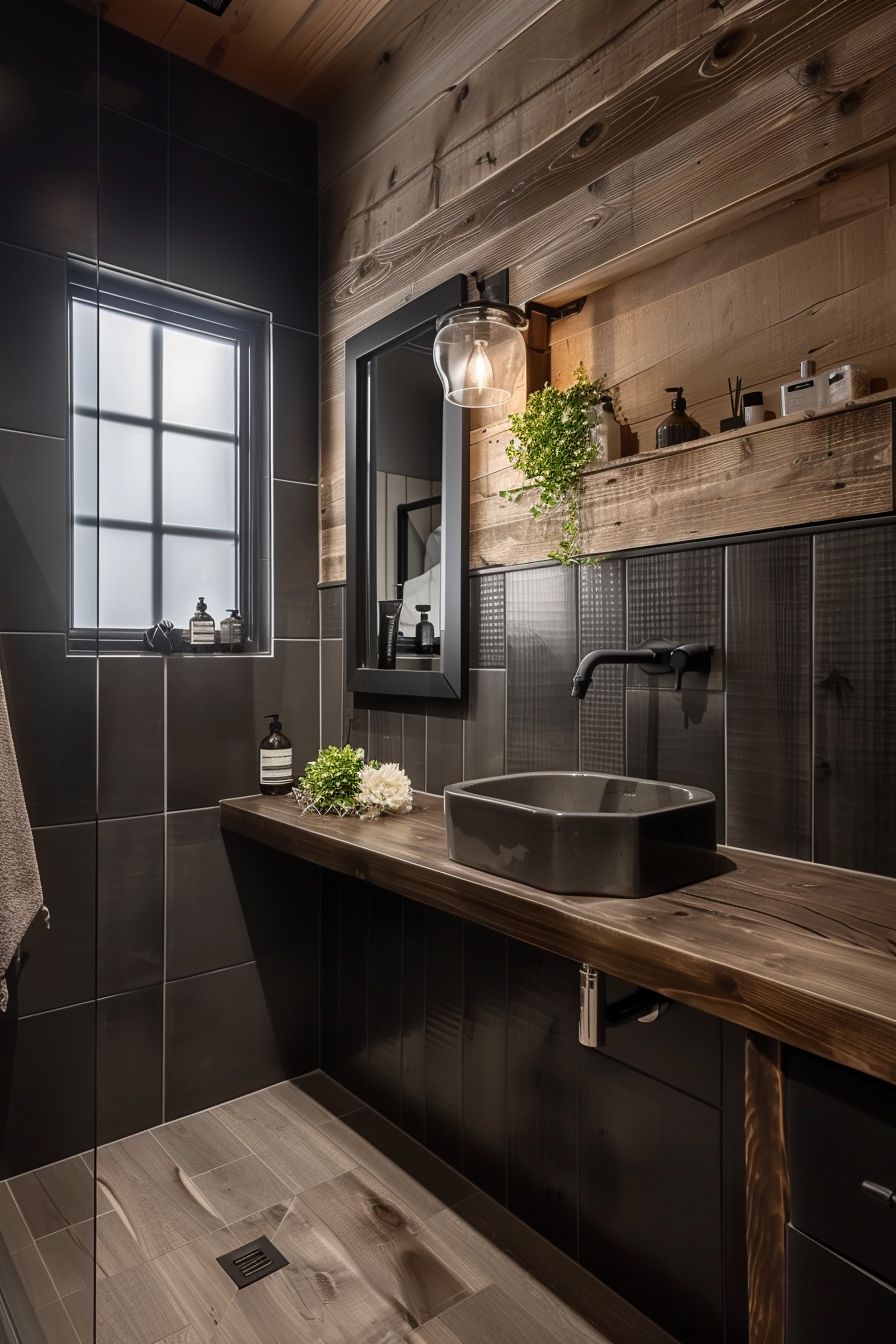 Modern bathroom with dark tiles, wooden accents, rectangular basin, mirror, and pendant light.