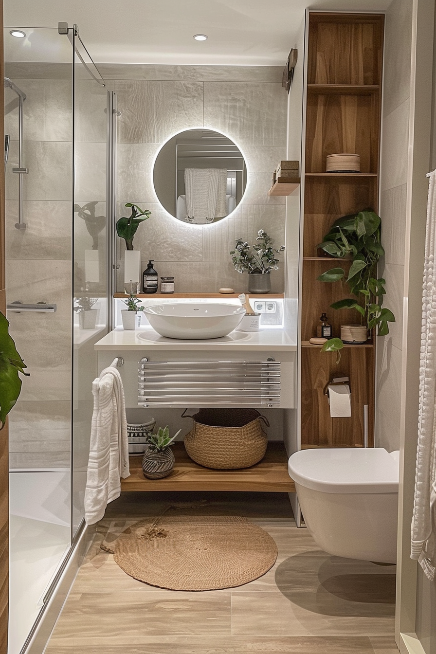 Modern bathroom interior with a glass shower, round mirror, vessel sink, wooden shelves, and plants for decor.