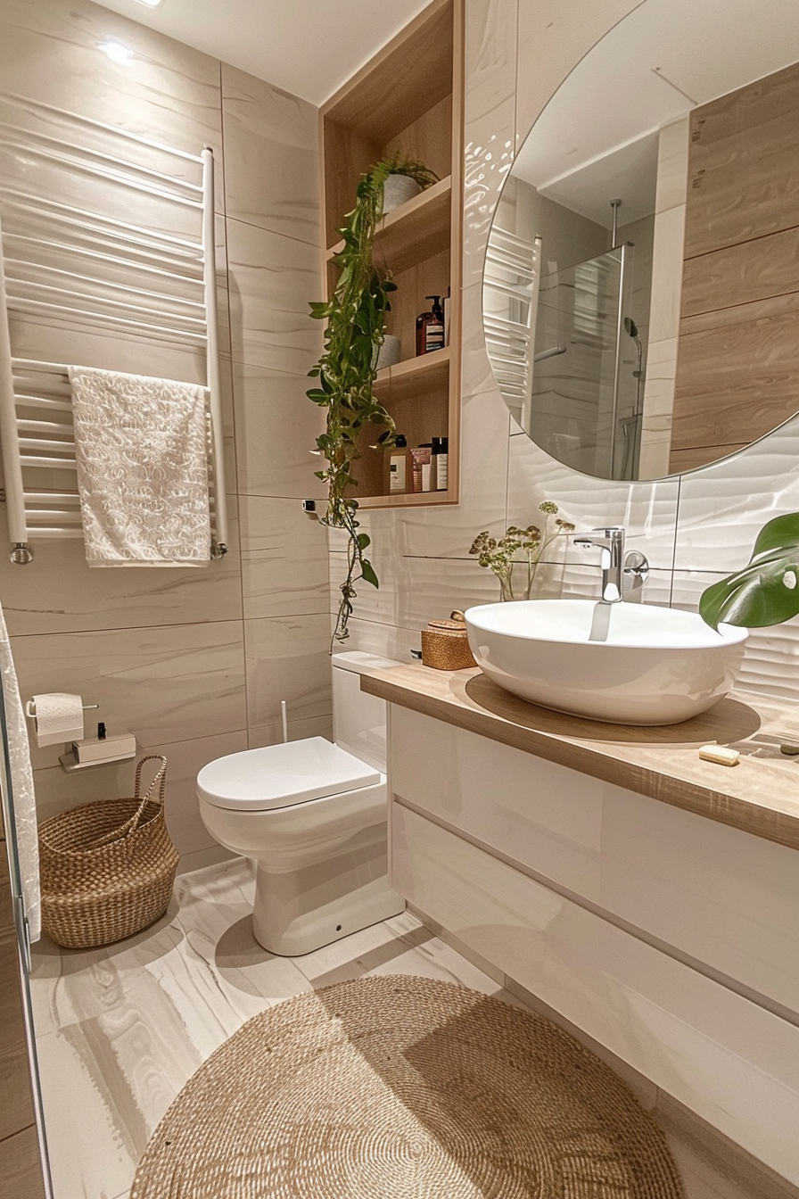 Modern bathroom interior with beige tiles, wooden countertop, vessel sink, toilet, round mirror, and decorative plants.