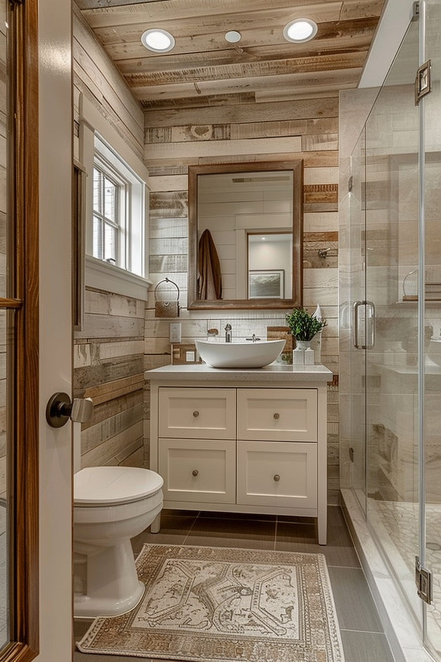 A modern bathroom with rustic wood paneling, a white vessel sink on a vanity, a clear glass shower, and a patterned rug.