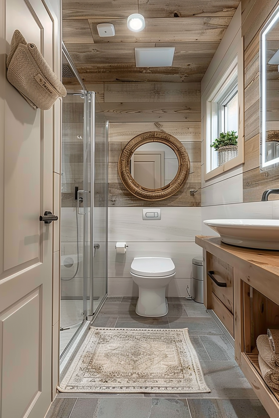 Modern bathroom with wood-paneled walls, floating vanity, round mirror, walk-in shower, and a patterned rug.