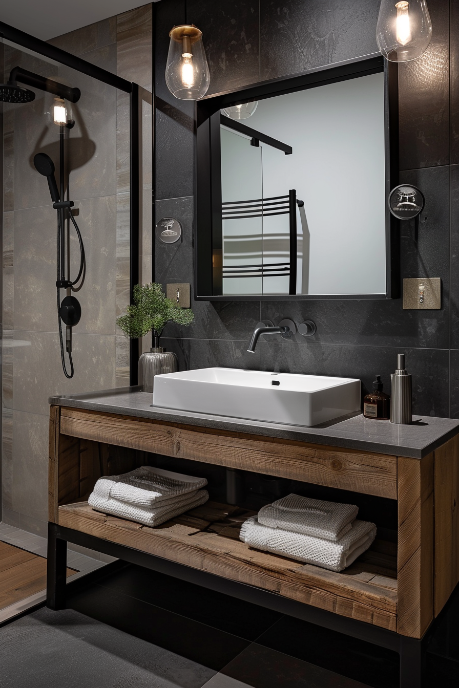 A modern bathroom with a rectangular vessel sink, wooden vanity, large mirror, and black fixtures with ambient lighting.