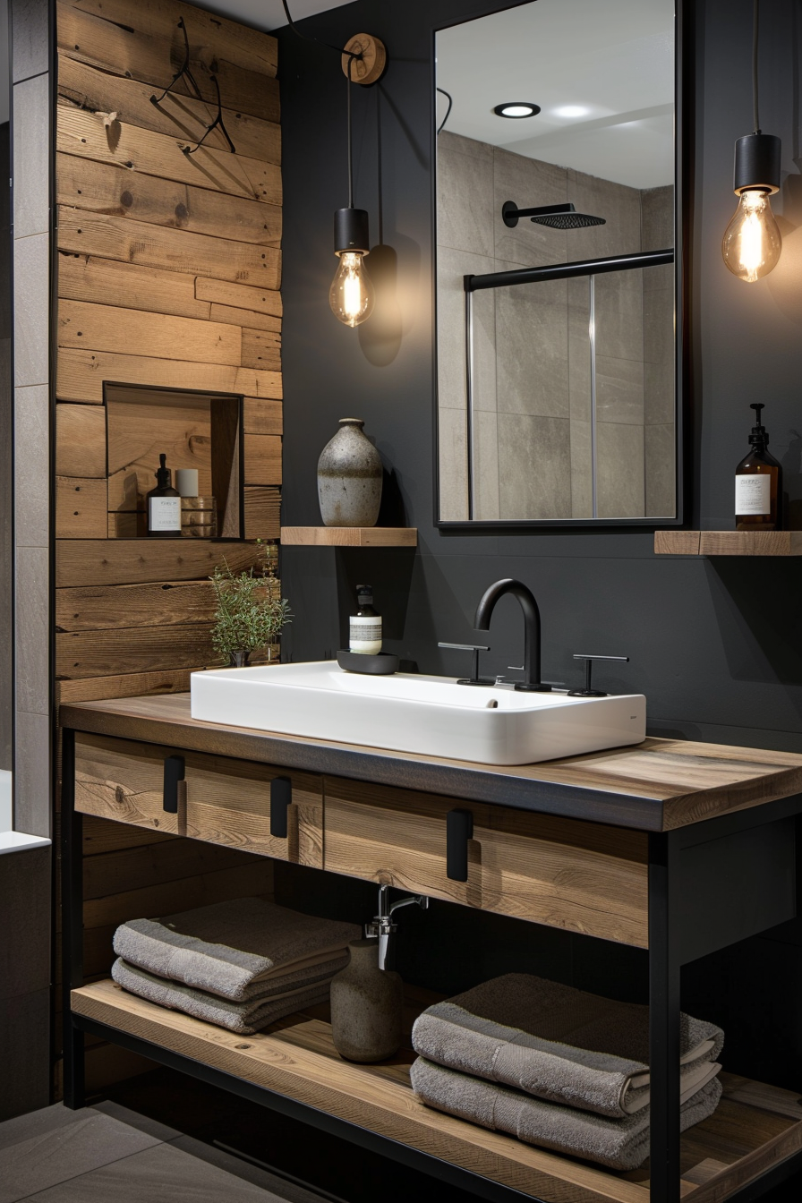Modern bathroom interior with a wooden vanity, rectangular basin, black fixtures, and a reflection of a shower in the mirror.