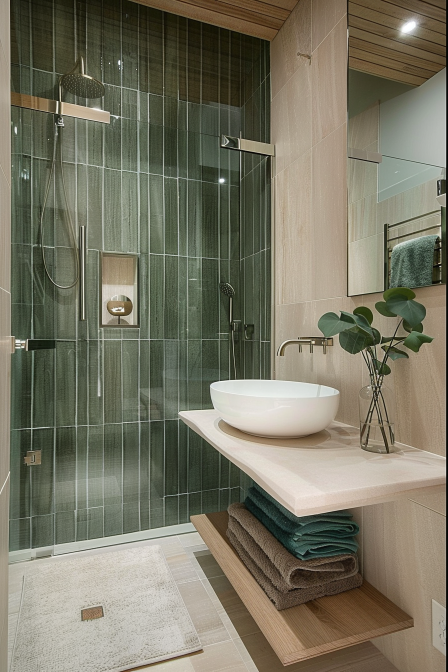 Modern bathroom with a green tiled shower, vessel sink on a beige countertop, and neatly folded towels on wooden shelves.