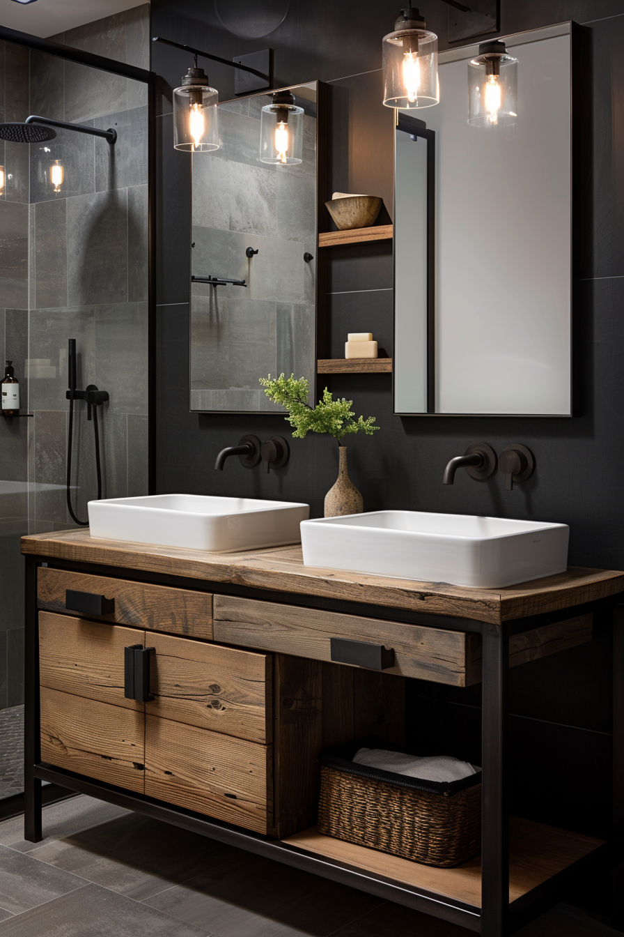 Modern bathroom with double vessel sinks on a wooden vanity, matte black fixtures, and glass pendant lights.