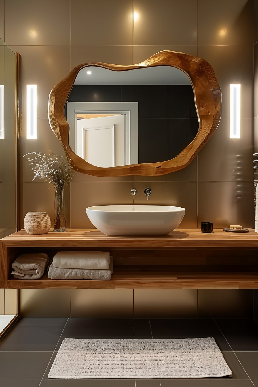 Modern bathroom with wooden details, large wavy mirror, vessel sink, and ambient lighting.