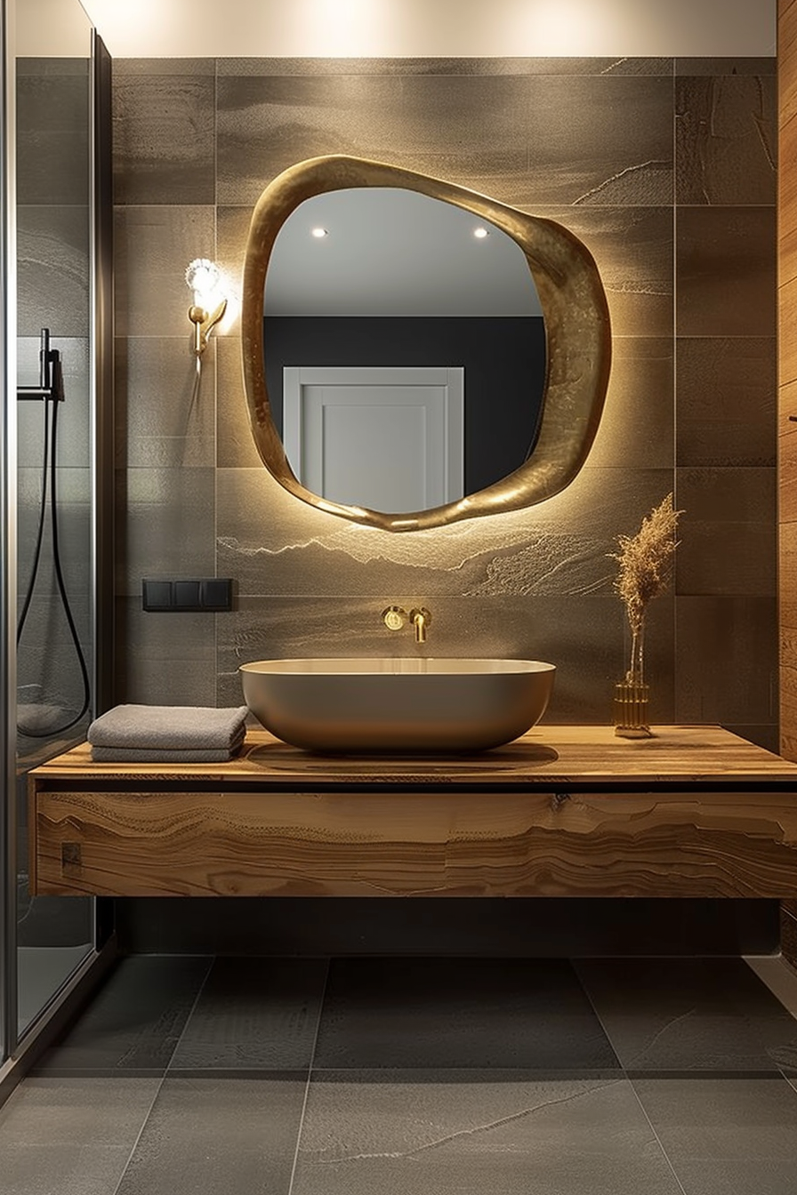 Modern bathroom interior with a unique golden-rimmed mirror, wooden vanity, vessel sink, and designer wall tiles.