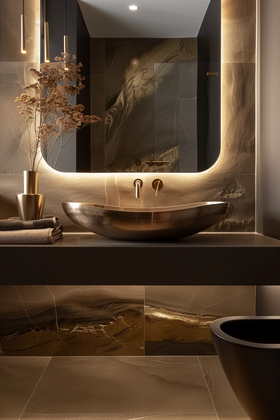 Luxurious bathroom interior with marble walls, gold accents, modern bowl sink, and elegant lighting.