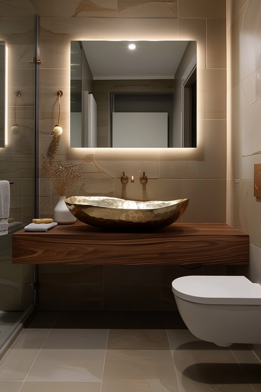 Modern bathroom with a floating vanity, vessel sink, backlit mirror, and wall-mounted toilet in warm lighting.