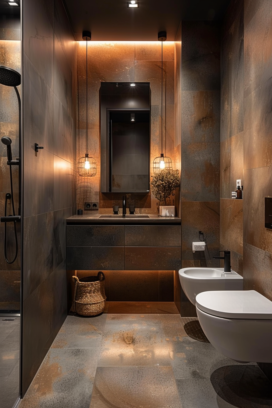 Modern bathroom featuring brown tiles, warm lighting, a freestanding bathtub, shower area, mirrored vanity, and a wicker basket.