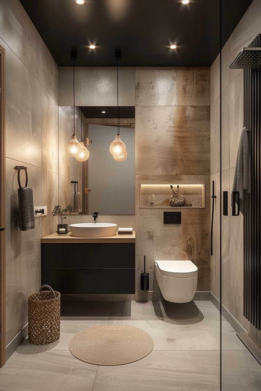 Modern bathroom interior with gray tones, pendant lights, vessel sink, shower stall, round mirror, and decorative elements.